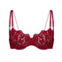 Red lace, underwire, high support bra with adjustable straps and back closure