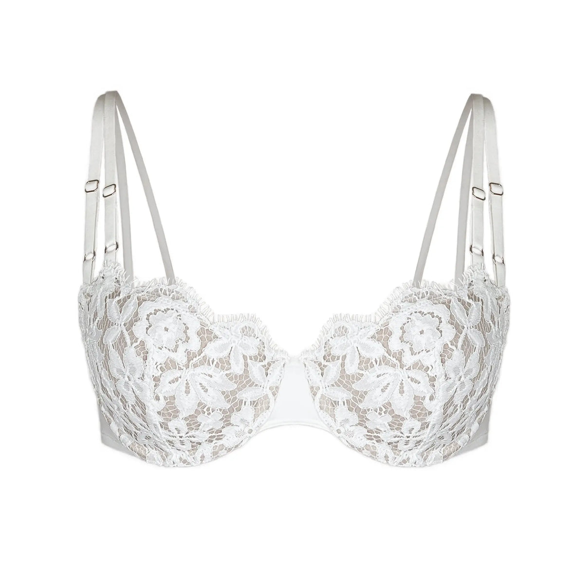White lace, underwire, high support bra with adjustable straps and back closure