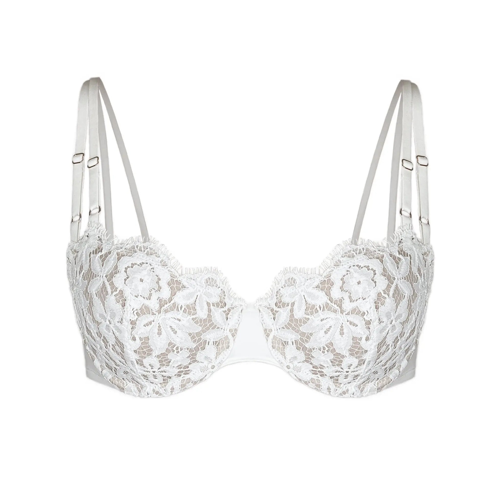 White lace, underwire, high support bra with adjustable straps and back closure