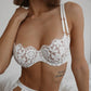 White lace, underwire, high support bra with adjustable straps and back closure