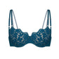 Blue lace, underwire, high support bra with adjustable straps and back closure