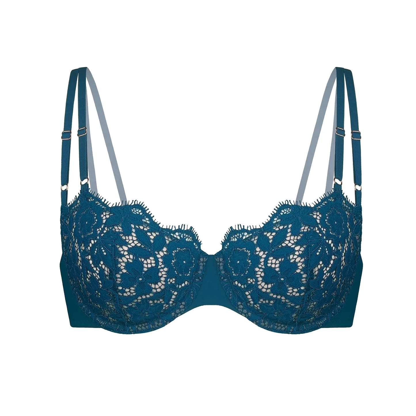 Blue lace, underwire, high support bra with adjustable straps and back closure