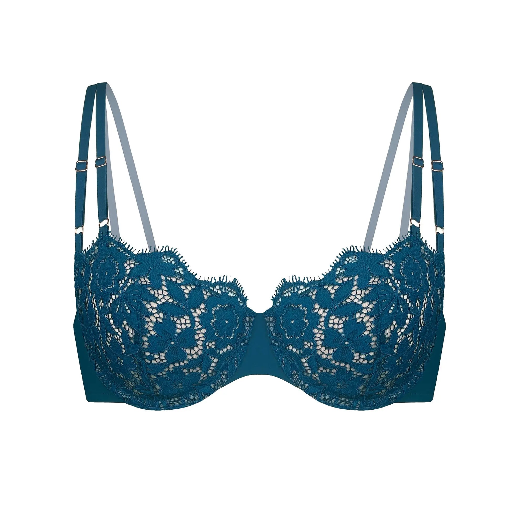 Blue lace, underwire, high support bra with adjustable straps and back closure