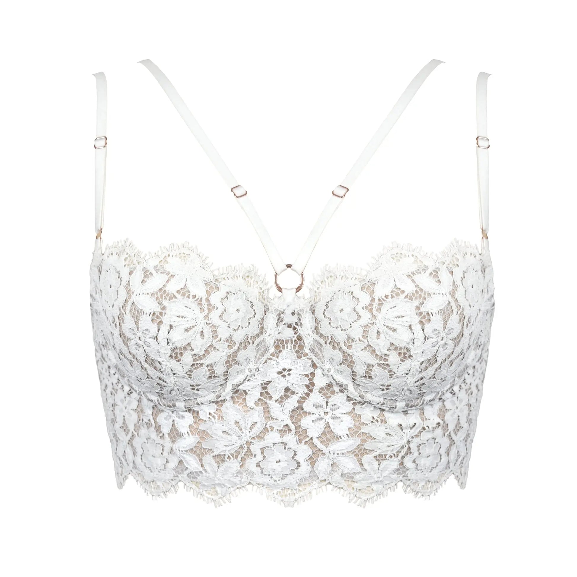 White lace underwire bustier with high support, adjustable straps and adjustable back closure
