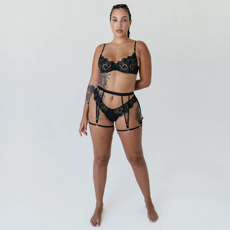 Frisson Garters Black - Monique Morin Model 5'11" 45" hip wearing size  M/L
