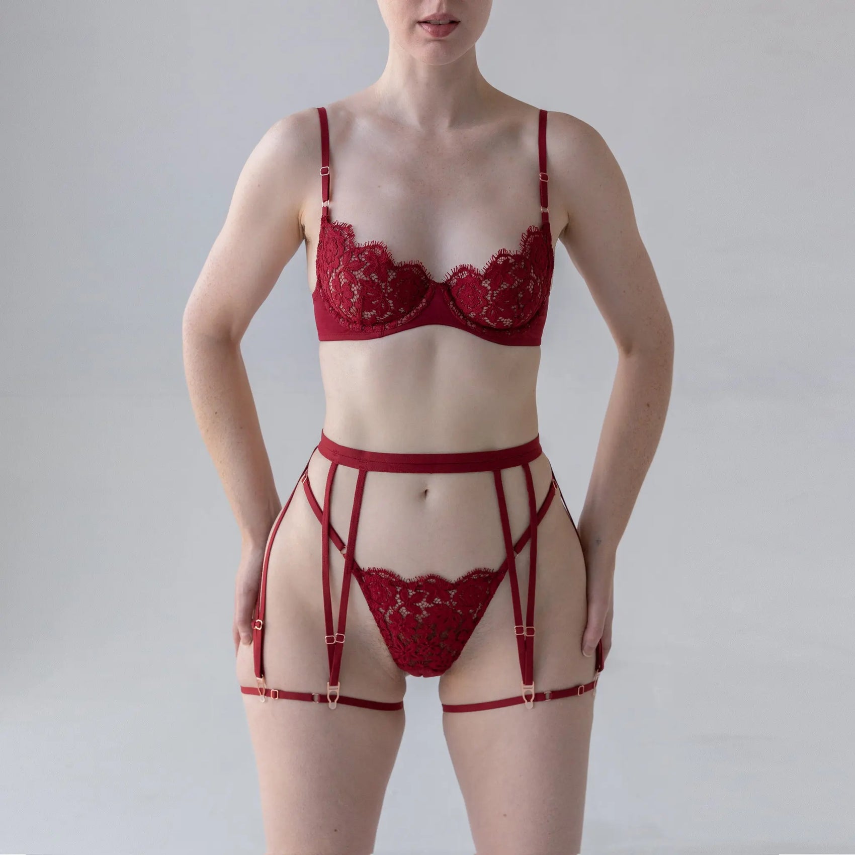 Red soft touch elastic garters with back closure and detachable leg bands