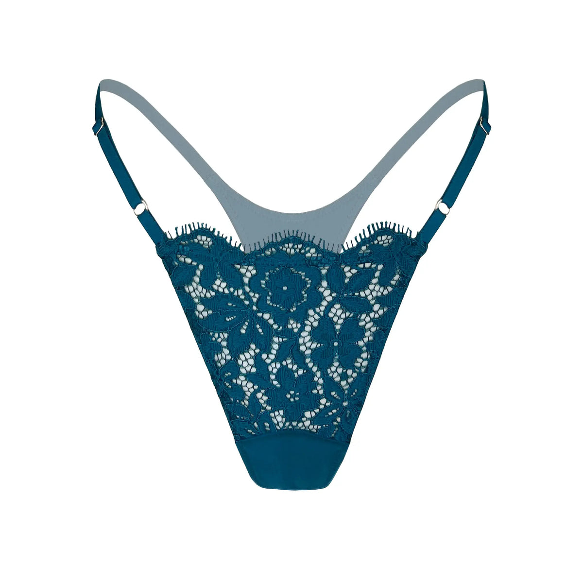 Blue lace thong with microfiber back and gusset with adjustable waist elastics
