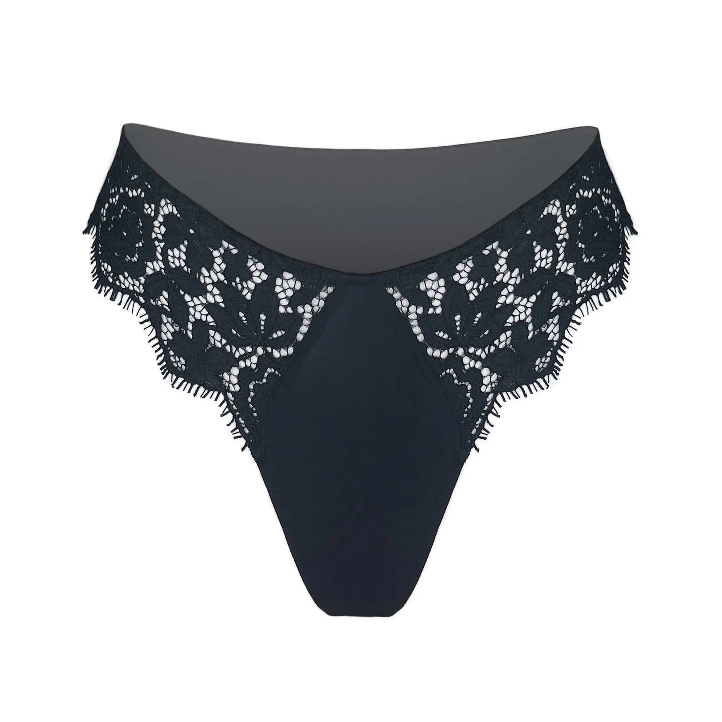 Black lace cheeky panty with scooped waist and soft microfiber lining