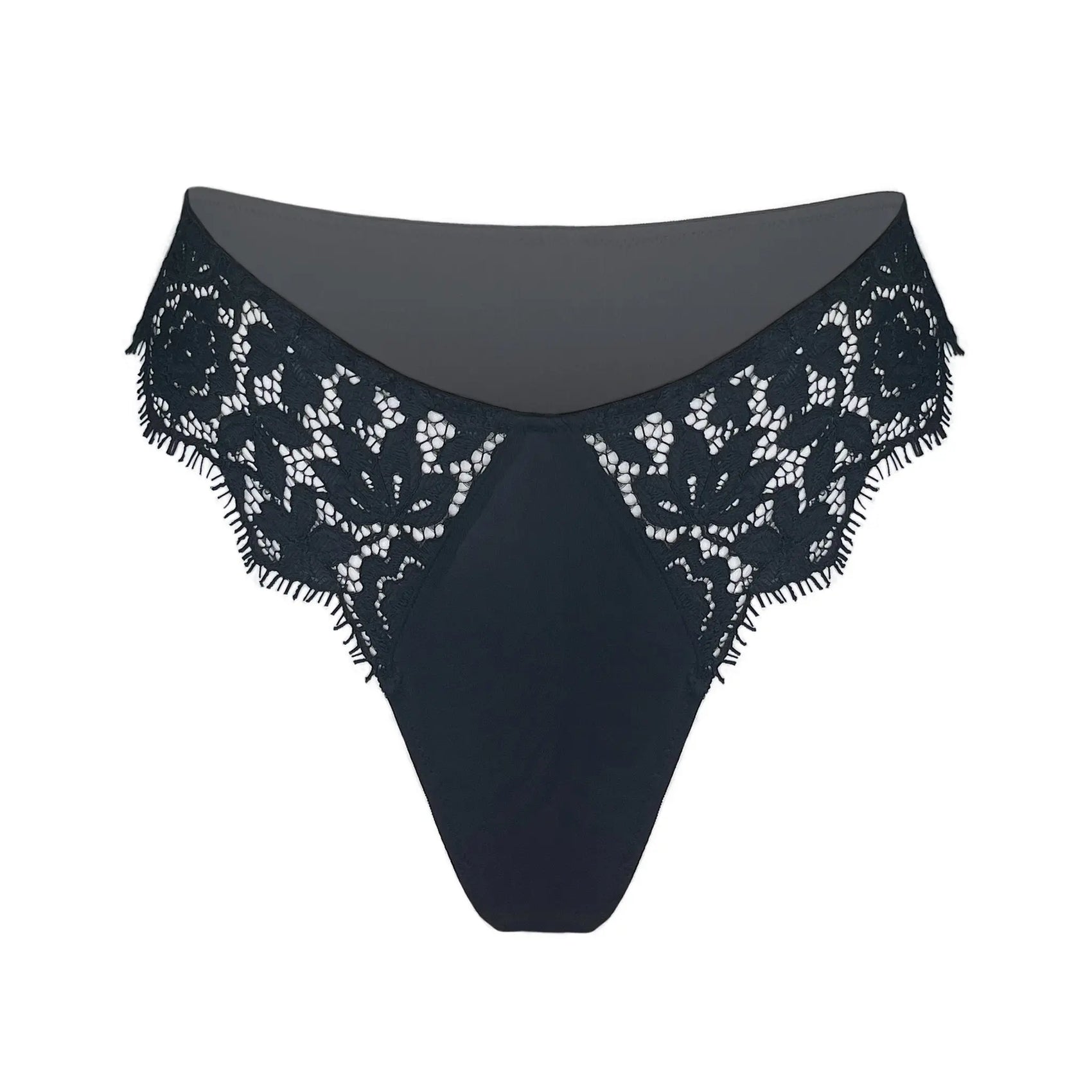 Black lace cheeky panty with scooped waist and soft microfiber lining