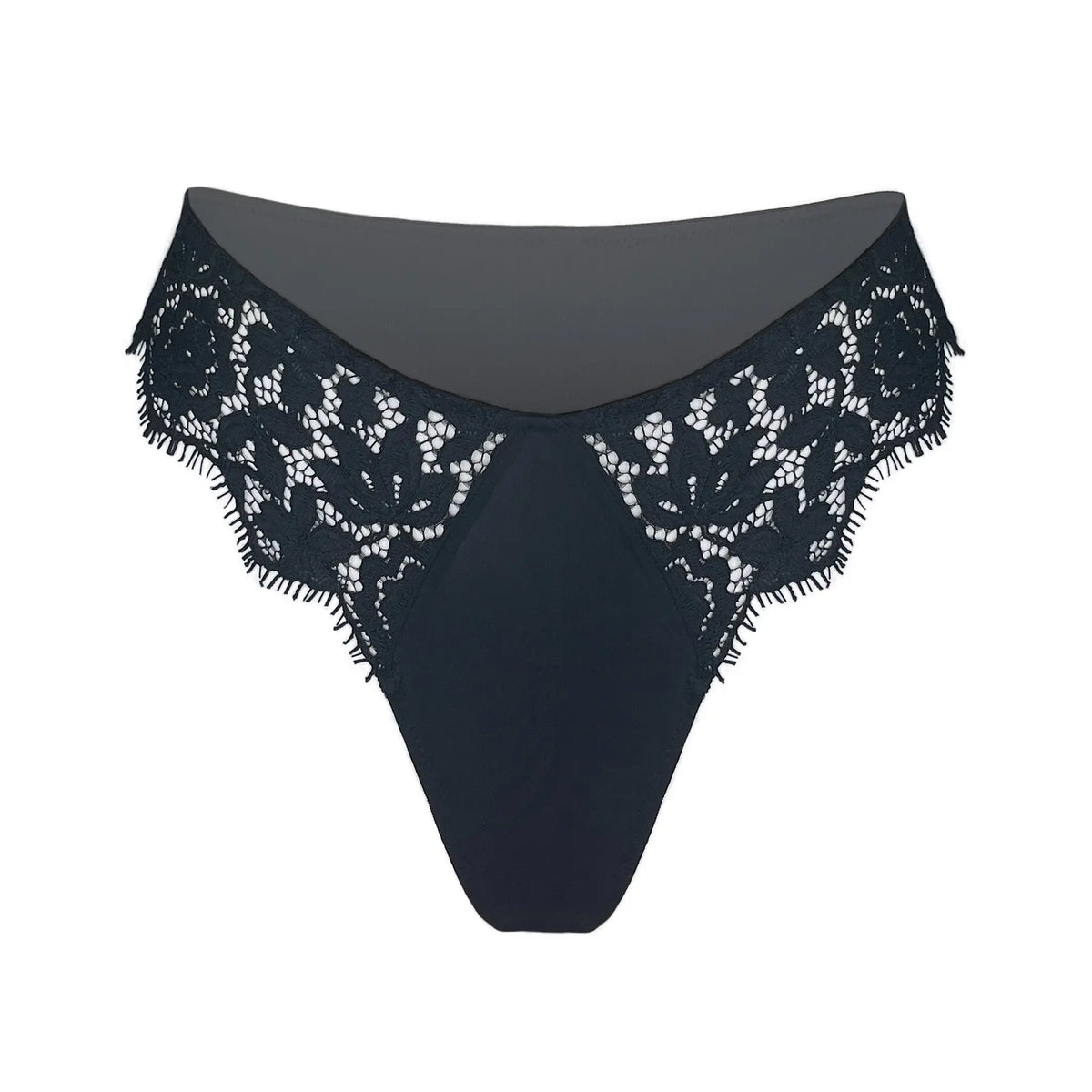 Black lace cheeky panty with scooped waist and soft microfiber lining