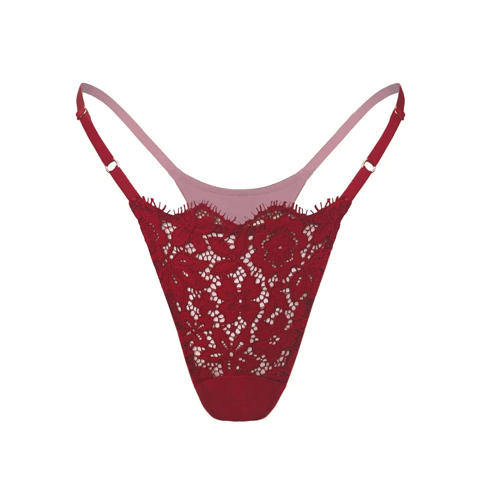 Red lace thong with microfiber back and gusset with adjustable waist elastics