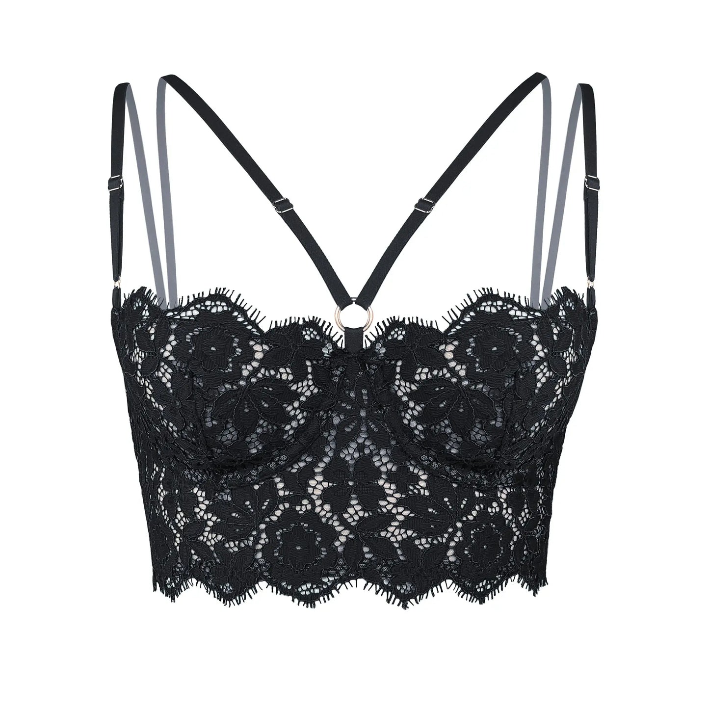 Black lace underwire bustier with high support, adjustable straps and adjustable back closure