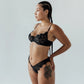 Black lace cheeky panty with scooped waist and soft microfiber lining