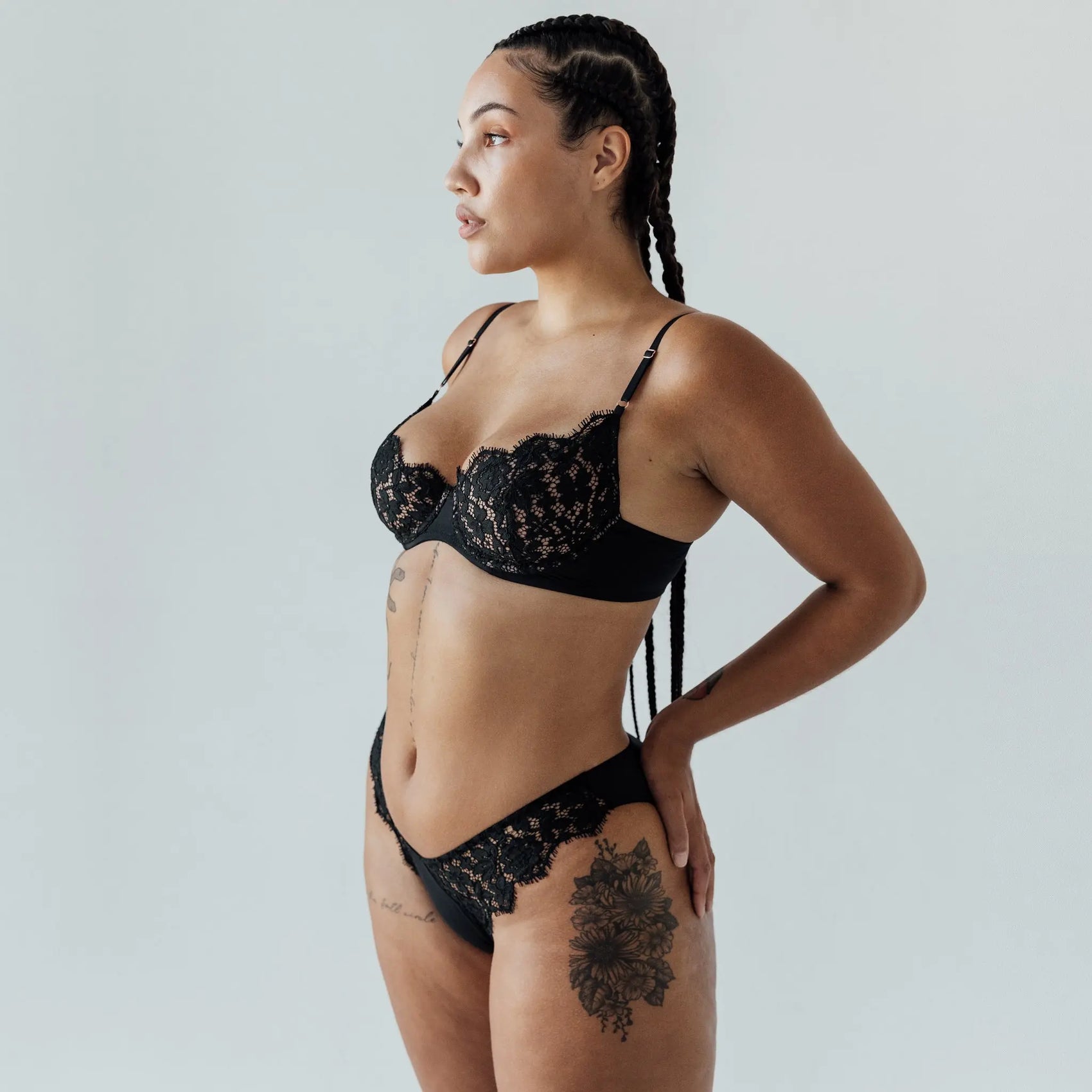 Black lace cheeky panty with scooped waist and soft microfiber lining