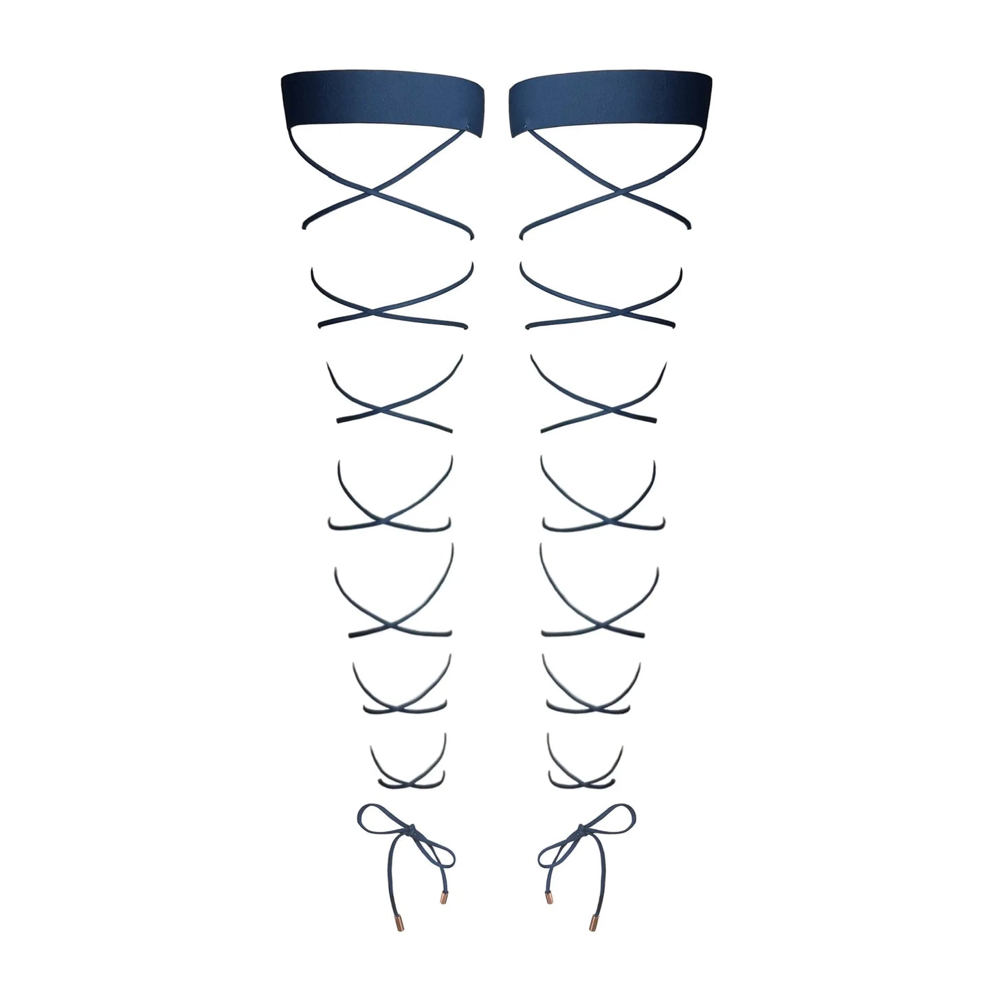 Blue soft touch wide elastic band, lace up along leg, silicon dots keep bands in place