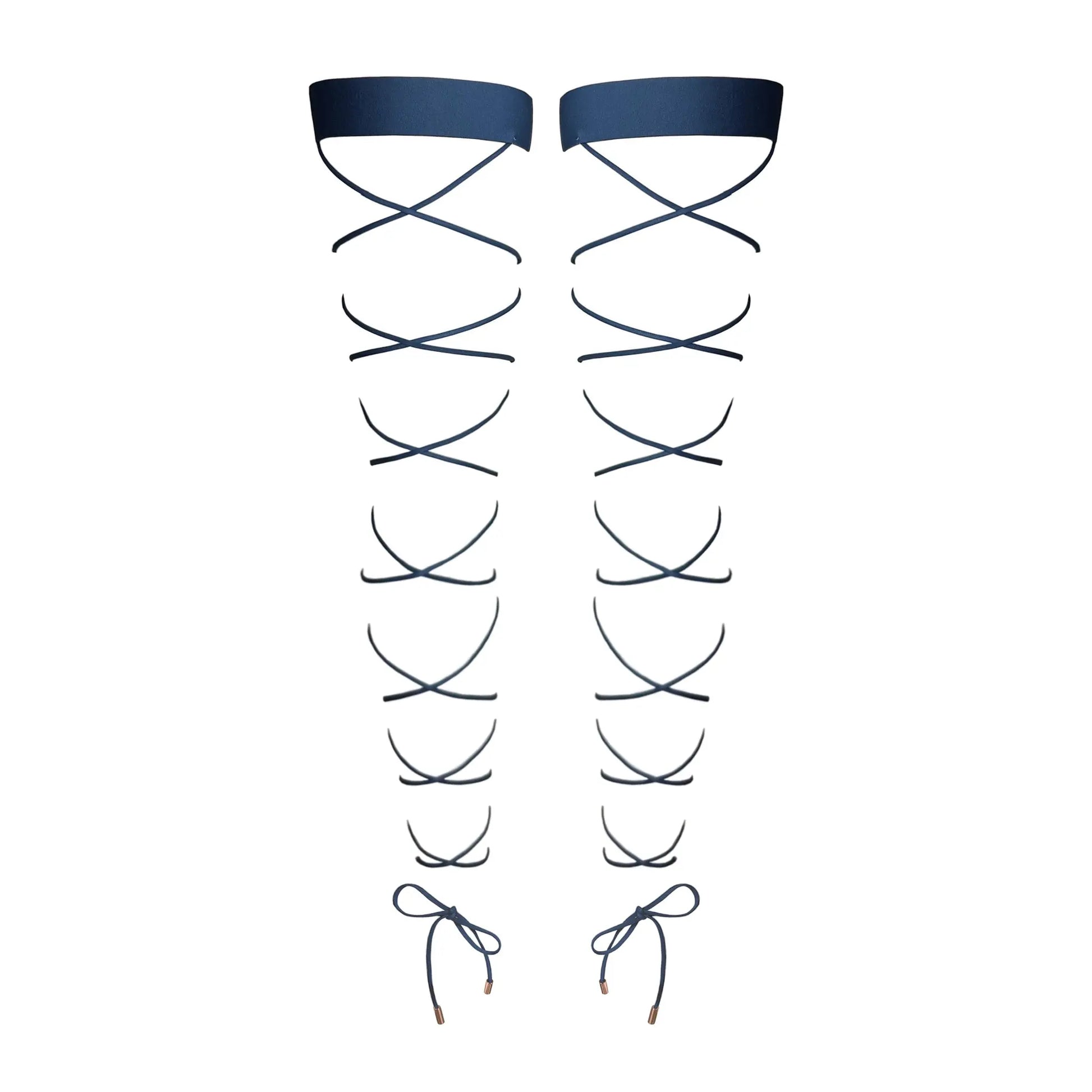 Blue soft touch wide elastic band, lace up along leg, silicon dots keep bands in place