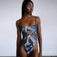 Blue abstract print mesh bodysuit with underwire and back closure, thong back coverage and button snap closure in gusset