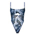 Blue abstract print mesh bodysuit with underwire and back closure, thong back coverage and button snap closure in gusset