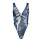 Blue abstract print mesh bodysuit with plunge neckline and criss cross straps in back and button snap closure in gusset