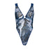 Blue abstract print mesh bodysuit with plunge neckline and criss cross straps in back and button snap closure in gusset