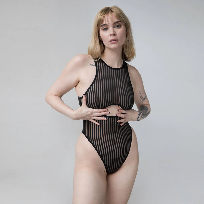 Vertigo Cutout Bodysuit Black Monique Morin Model 5'9" 34D wearing size M
