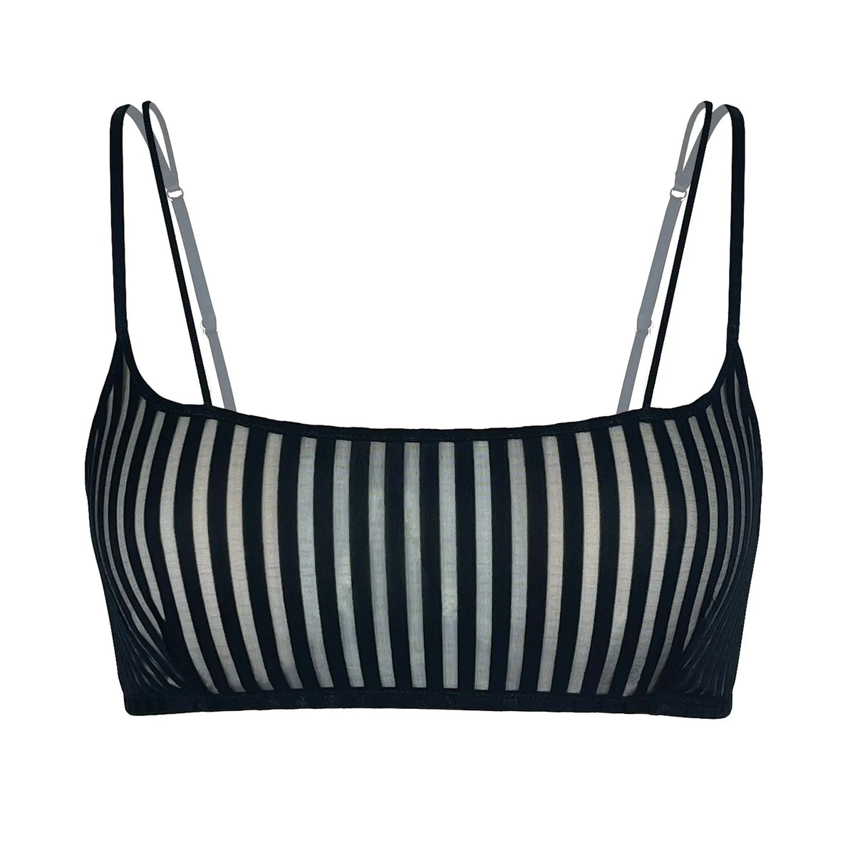 Black opaque on sheer striped microfiber bralette, pull on style with medium support