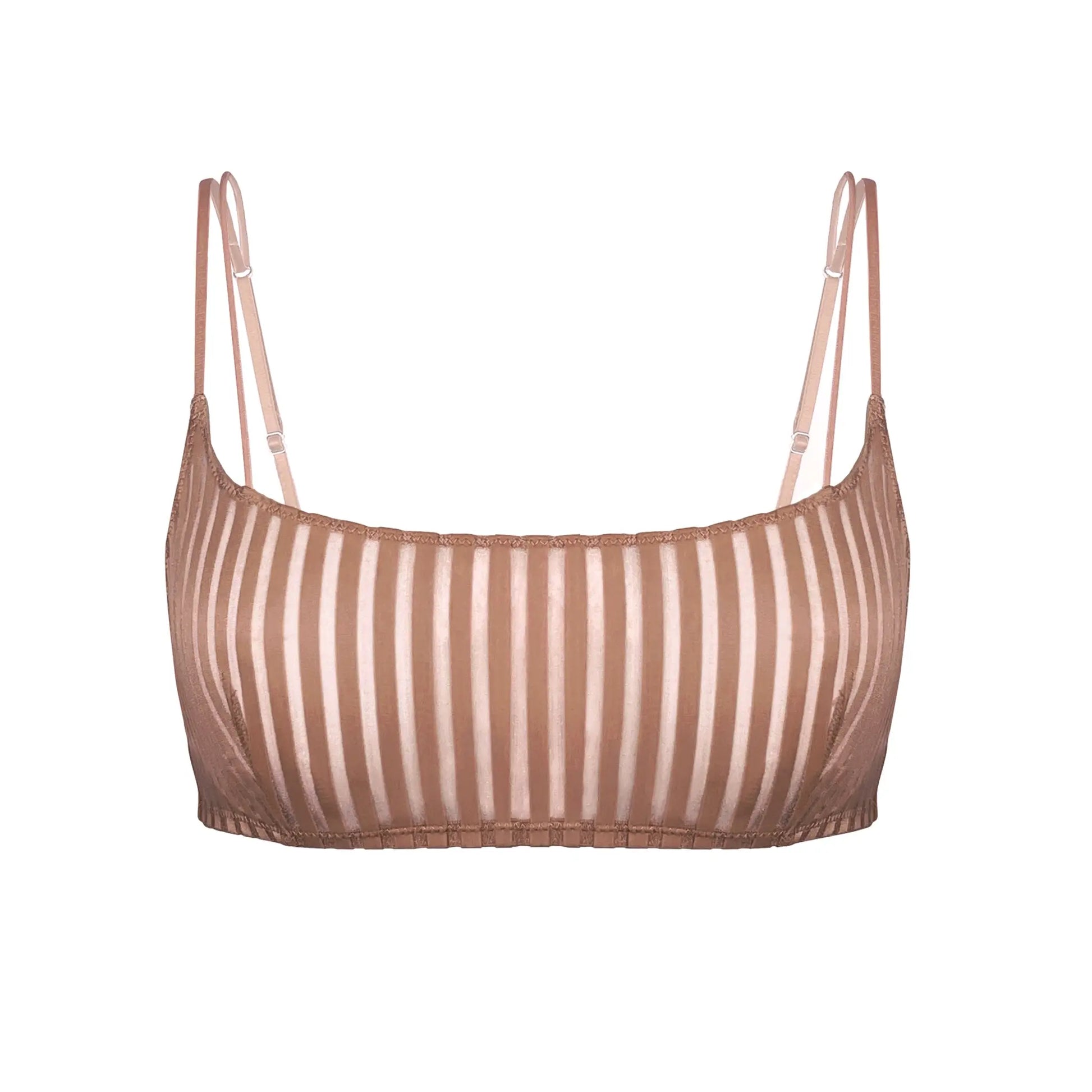 Taupe opaque on sheer striped microfiber bralette, pull on style with medium support