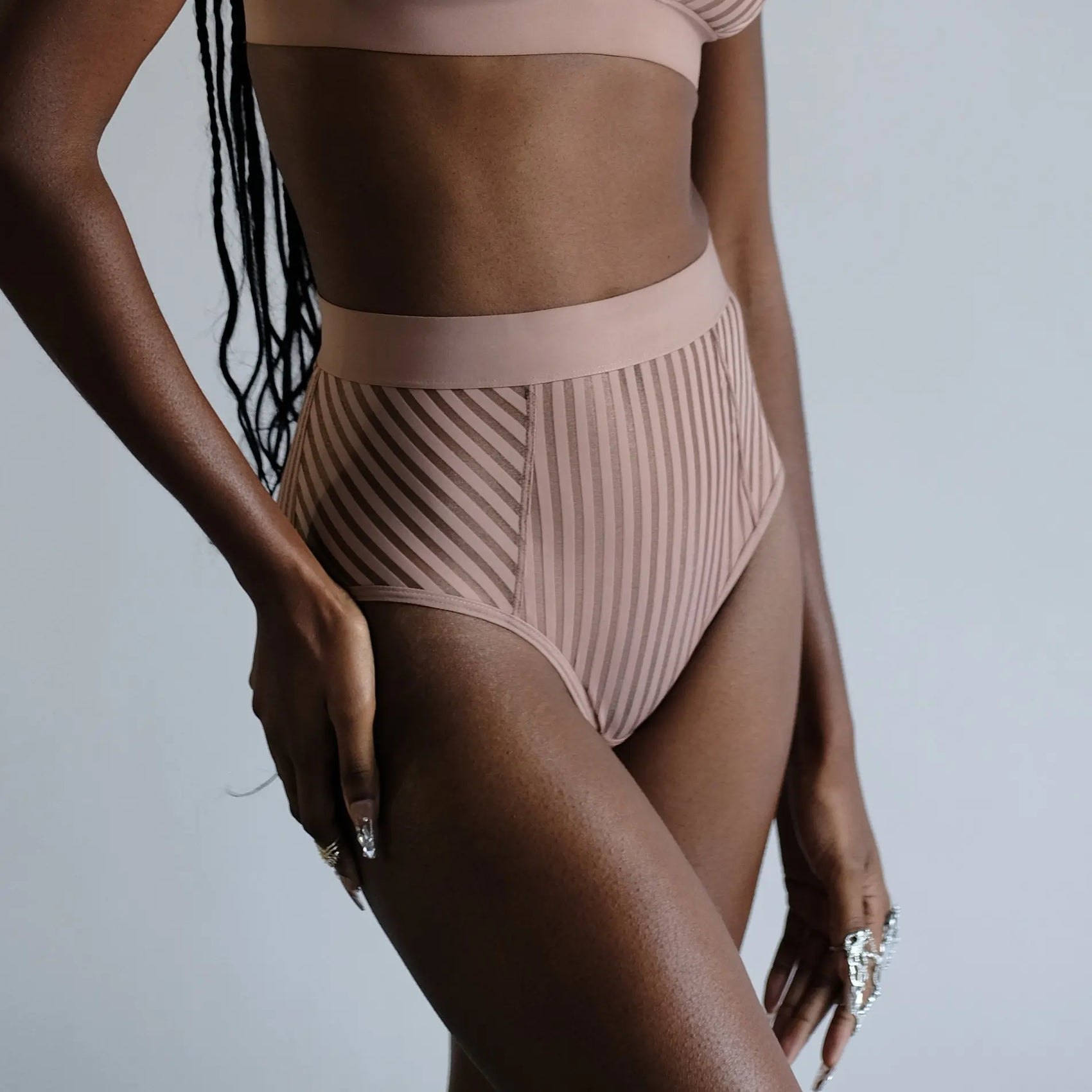 Taupe opaque on sheer striped microfiber high-waisted brief with moderate back coverage