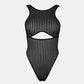 Black opaque on sheer striped microfiber bodysuit with back and front cutouts, snap closure at gusset and back clasp
