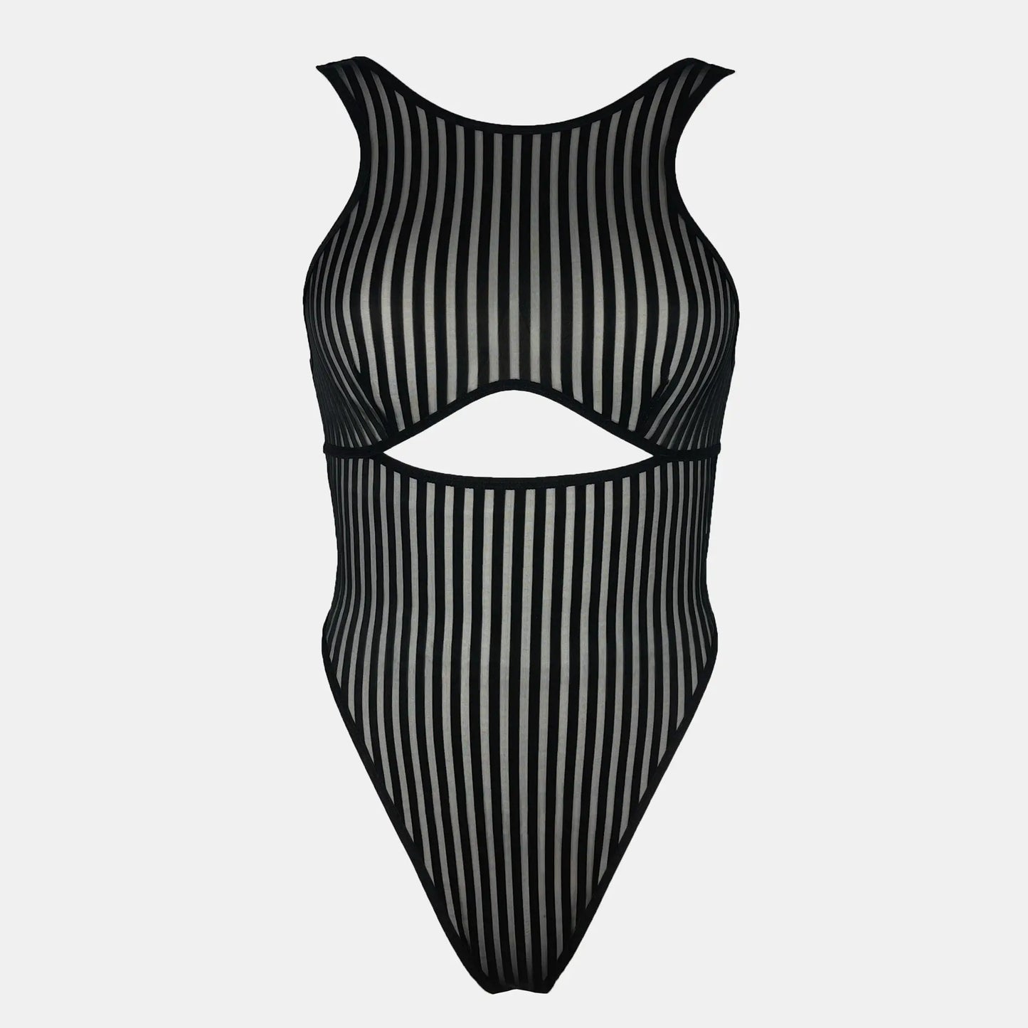 Black opaque on sheer striped microfiber bodysuit with back and front cutouts, snap closure at gusset and back clasp