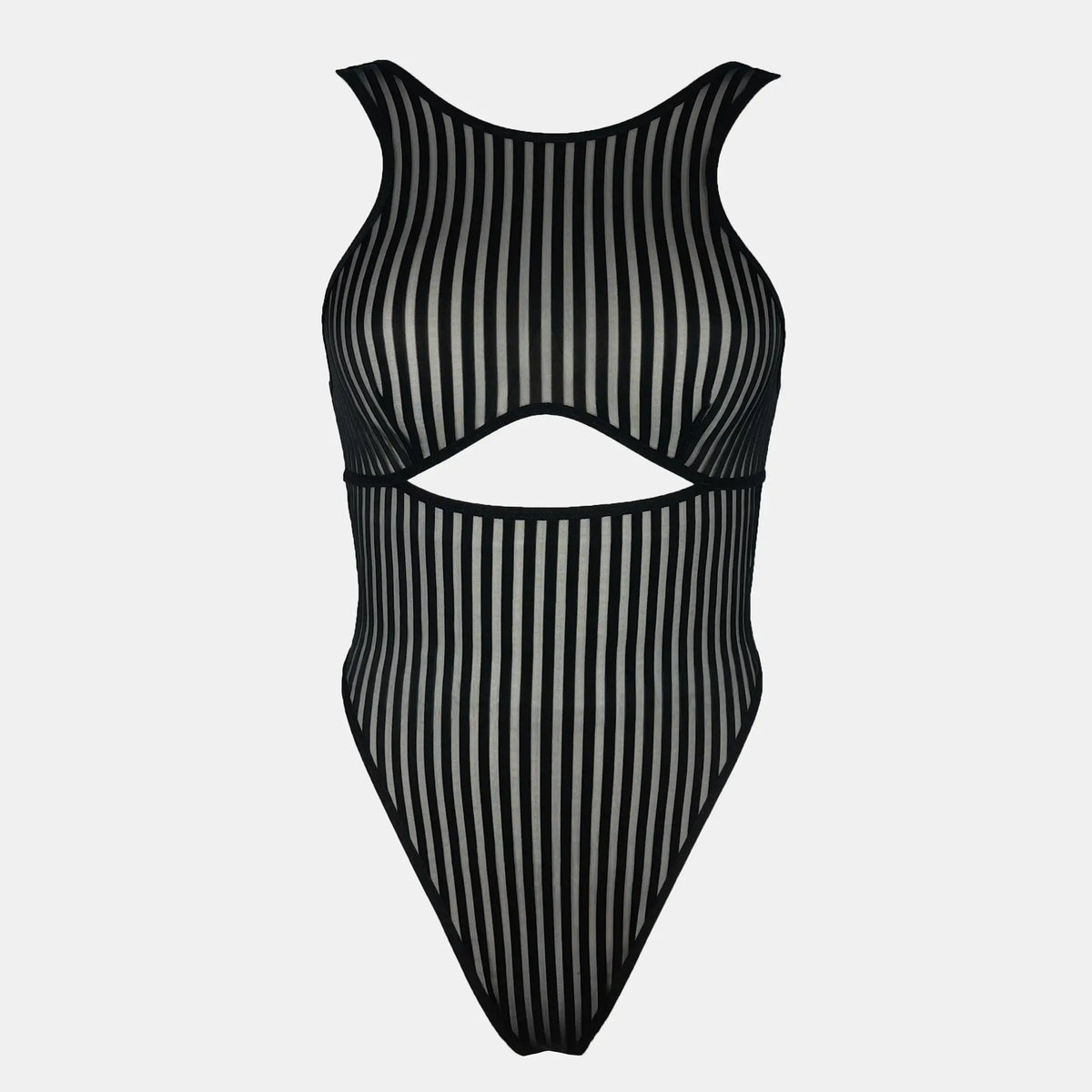 Black opaque on sheer striped microfiber bodysuit with back and front cutouts, snap closure at gusset and back clasp