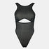 Black opaque on sheer striped microfiber bodysuit with back and front cutouts, snap closure at gusset and back clasp