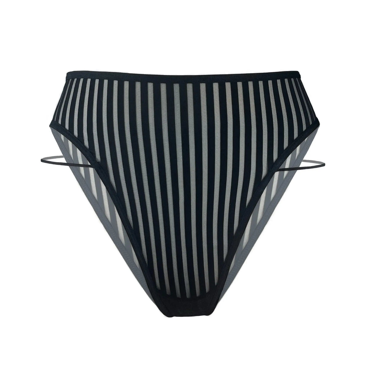 Black opaque on sheer striped microfiber high leg panty with skinny side strap detail