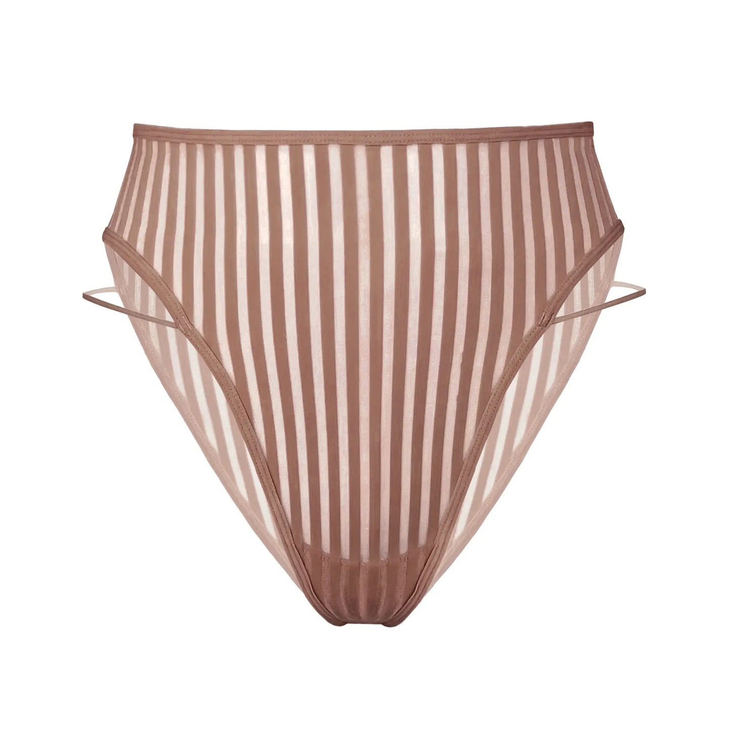 Taupe opaque on sheer striped microfiber high leg panty with skinny side strap detail