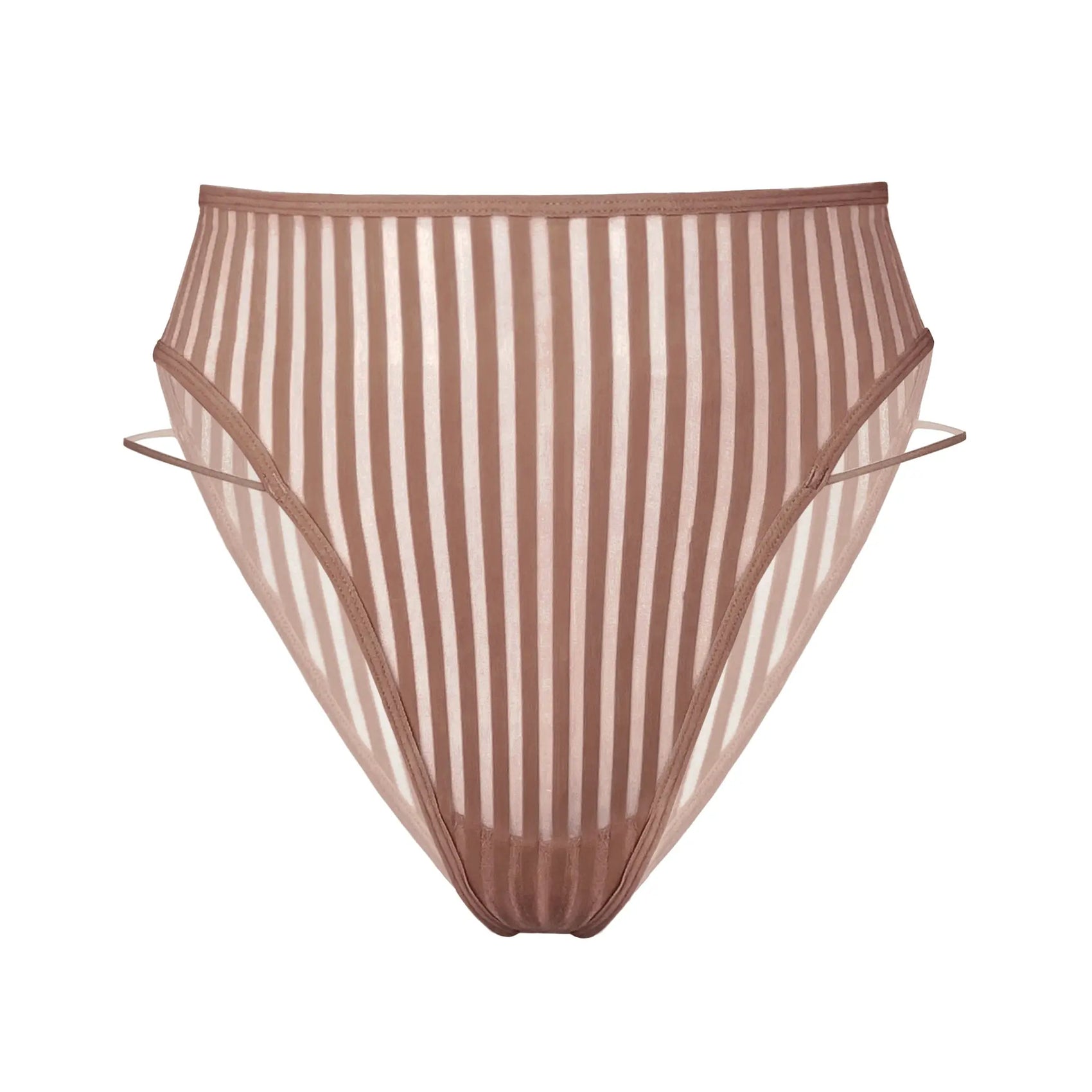 Taupe opaque on sheer striped microfiber high leg panty with skinny side strap detail