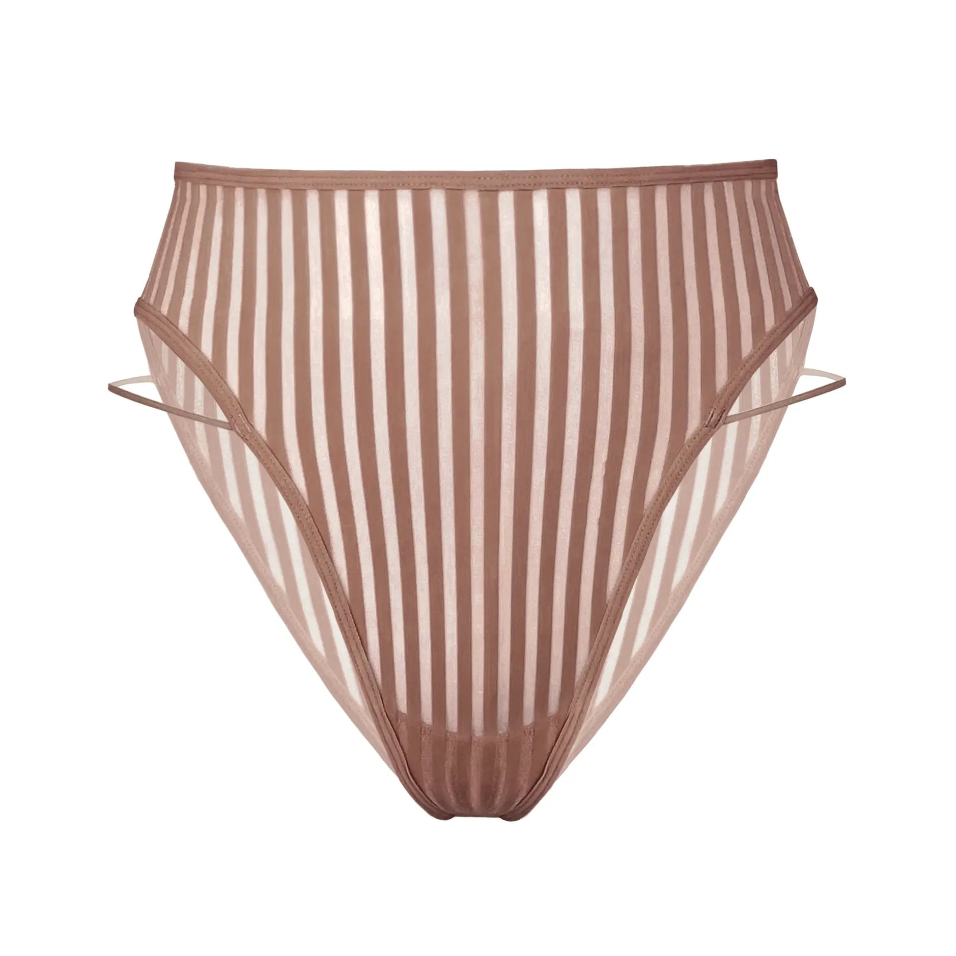 Taupe opaque on sheer striped microfiber high leg panty with skinny side strap detail