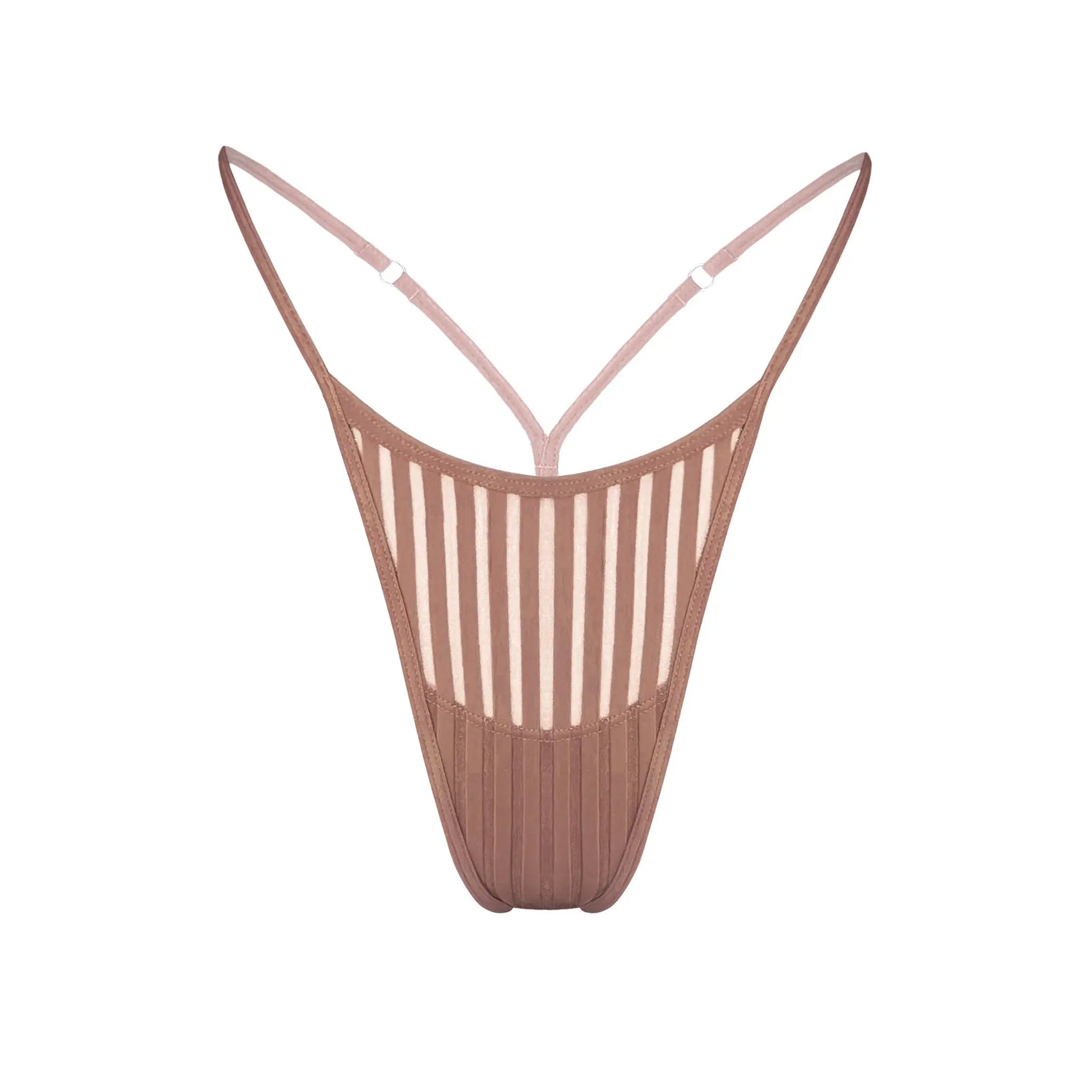 Taupe opaque on sheer striped microfiber thong with skinny side elastic with stretch