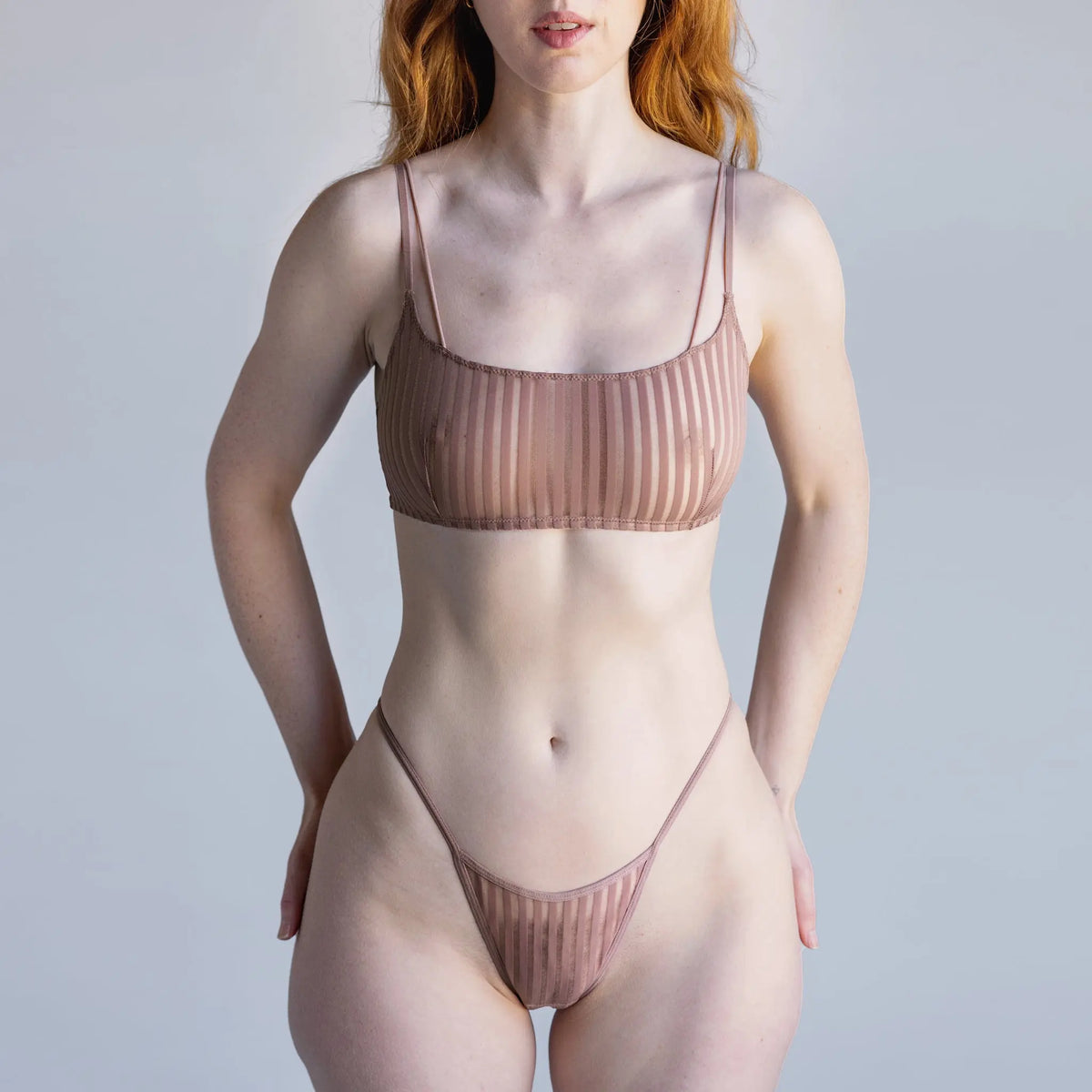 Taupe opaque on sheer striped microfiber thong with skinny side elastic with stretch