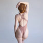 Taupe opaque on sheer striped microfiber bodysuit with plunge neckline fully adjustable straps criss crossed in back with snap close gusset