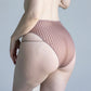 Taupe opaque on sheer striped microfiber high leg panty with skinny side strap detail