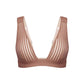 Taupe opaque on sheer striped microfiber plunge bralette, pull-on style with wide underbust elastic band