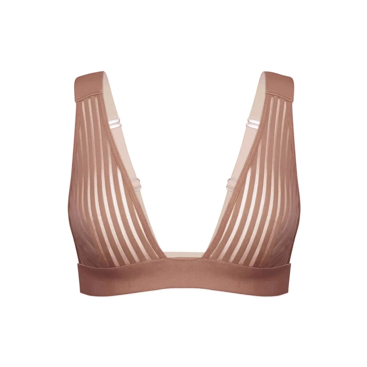 Taupe opaque on sheer striped microfiber plunge bralette, pull-on style with wide underbust elastic band