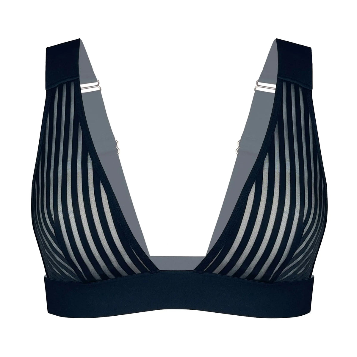 Black opaque on sheer striped microfiber plunge bralette, pull-on style with wide underbust elastic band