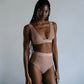 Taupe opaque on sheer striped microfiber plunge bralette, pull-on style with wide underbust elastic band