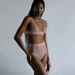 Taupe opaque on sheer striped microfiber plunge bralette, pull-on style with wide underbust elastic band