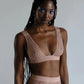 Taupe opaque on sheer striped microfiber plunge bralette, pull-on style with wide underbust elastic band