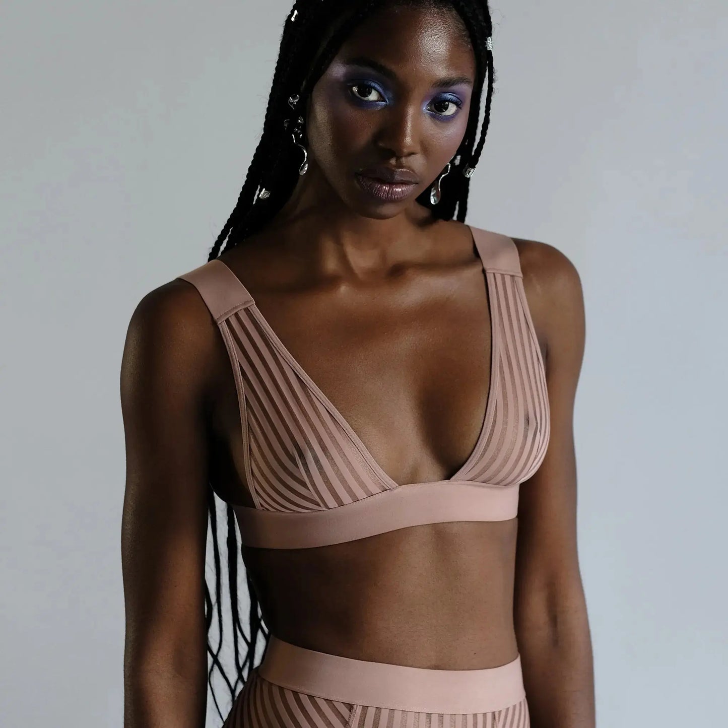 Taupe opaque on sheer striped microfiber plunge bralette, pull-on style with wide underbust elastic band