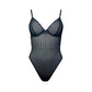 Black opaque on sheer striped microfiber bodysuit with flexible underwire, adjustable straps and back closure with button snap close at gusset