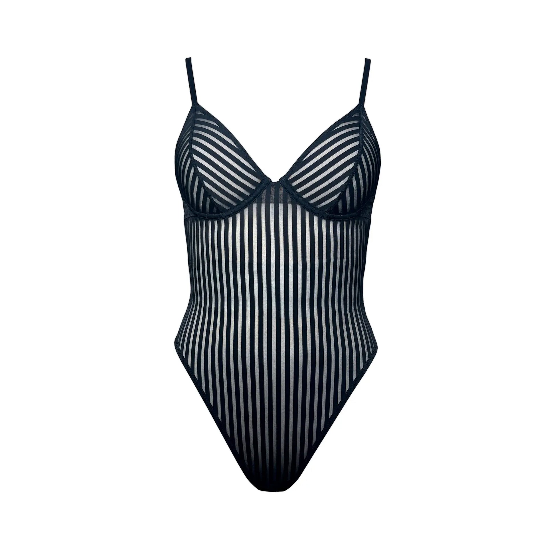 Black opaque on sheer striped microfiber bodysuit with flexible underwire, adjustable straps and back closure with button snap close at gusset