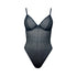 Black opaque on sheer striped microfiber bodysuit with flexible underwire, adjustable straps and back closure with button snap close at gusset